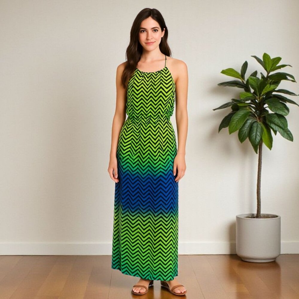 Sweet Storm Womens Medium Chevron Halter Maxi Dress Green Blue Ombre Indie Y2K